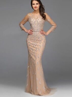 Beige Beaded Evening Gown